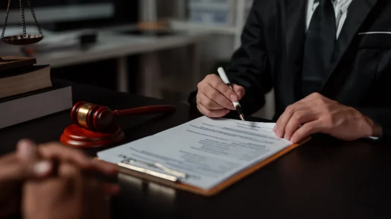 Person in a suit signing a document at a desk with a gavel and legal books.