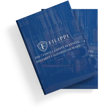 Two blue booklets titled "The 7 Costly Estate Planning Mistakes Californians Make" from Filippi Law Firm, P.C.
