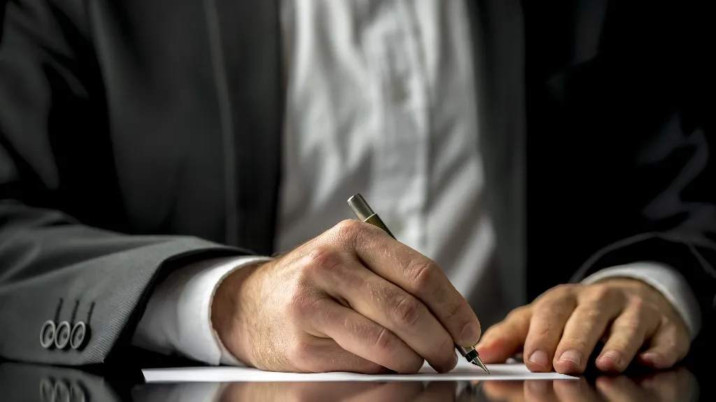 Close-up of a person in a dark suit signing a document with a fountain pen.