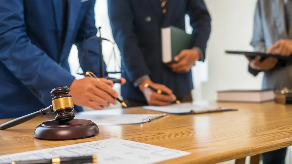 Three professionals in formal attire signing documents on a wooden table with a judge's gavel and legal books.
