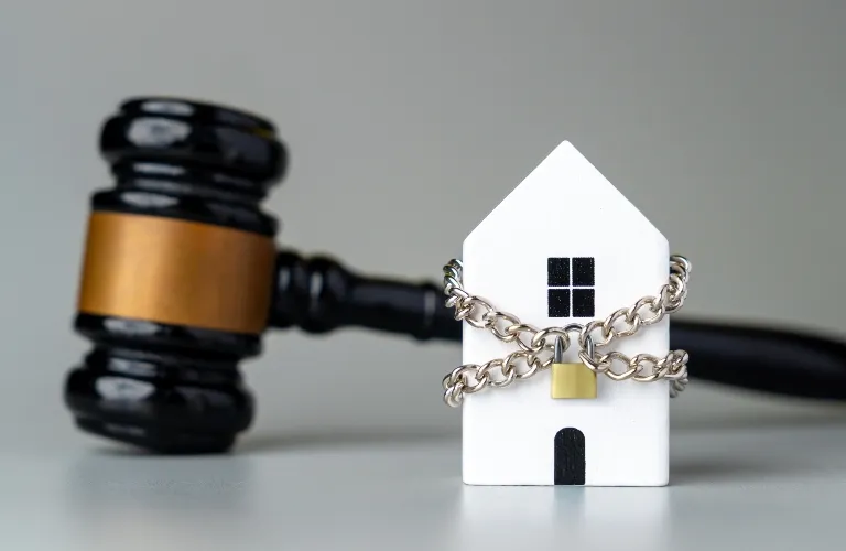 Small white house model wrapped with a silver chain and padlock, black judge gavel in background.