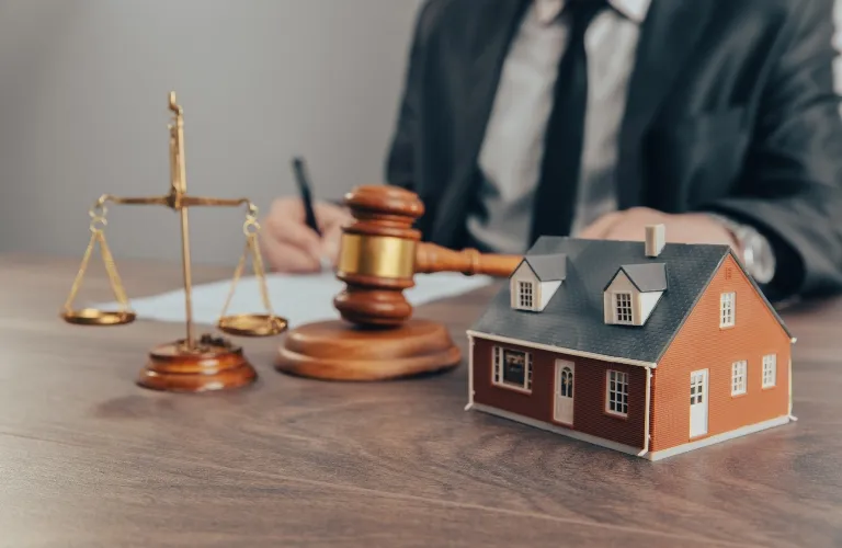 Wooden house model, judge's gavel, and scales of justice on desk with person writing.