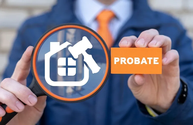 Person in blue suit and orange tie holding magnifying glass with house and gavel icon and orange card labeled "PROBATE".