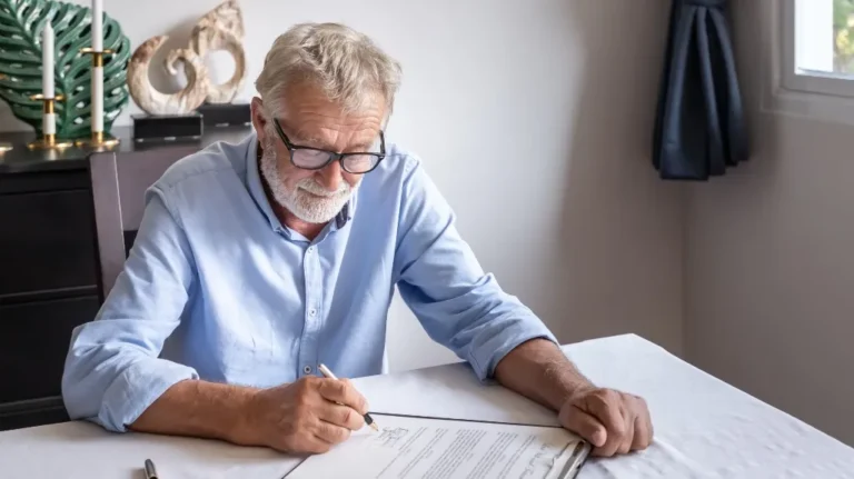 Elderly man with glasses signing a document at a white table indoors.