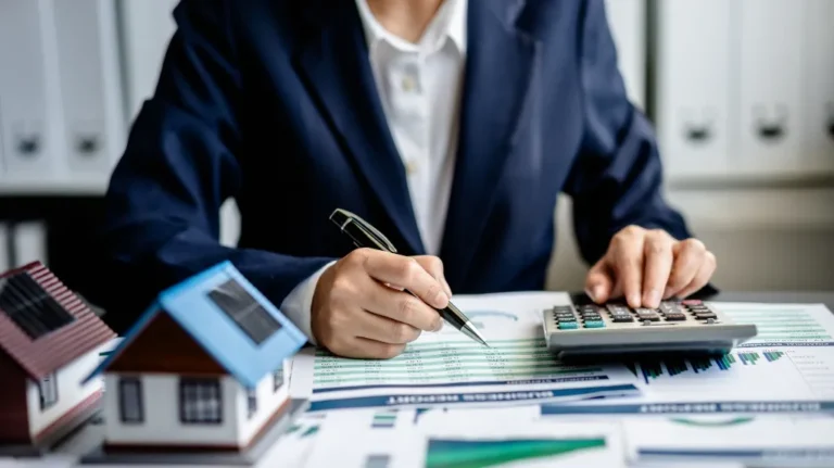 Person in dark suit using calculator and pen, analyzing financial documents with house models.