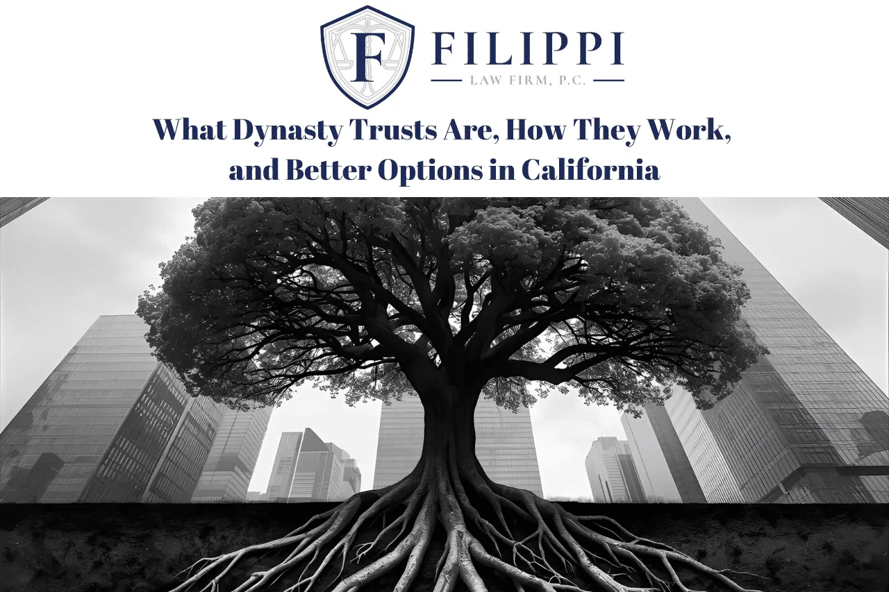 Logo of Filippi Law Firm with text about dynasty trusts and an image of a large tree with extensive roots against a city skyline.