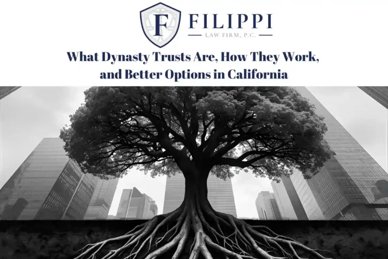 Filippi Law Firm logo with text about dynasty trusts and a large tree with exposed roots in an urban setting.