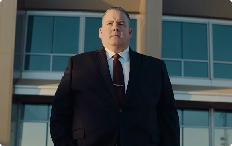 Middle-aged man in dark suit and red tie standing confidently outside modern office building.