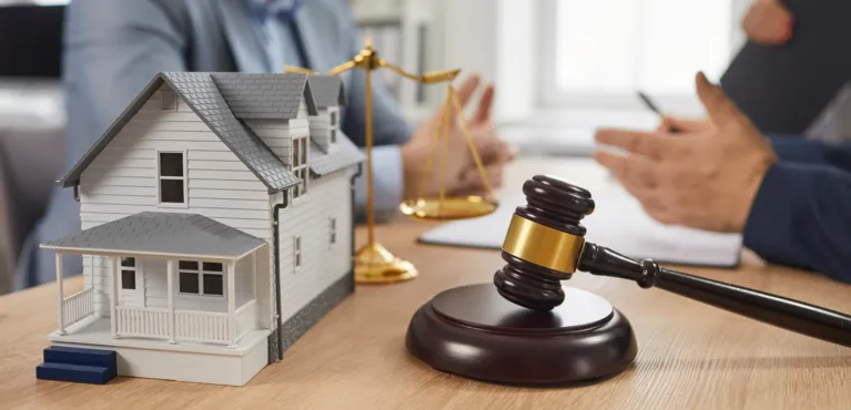 A miniature house model, a judge's gavel, and scales of justice on a wooden table with two people discussing in the background.