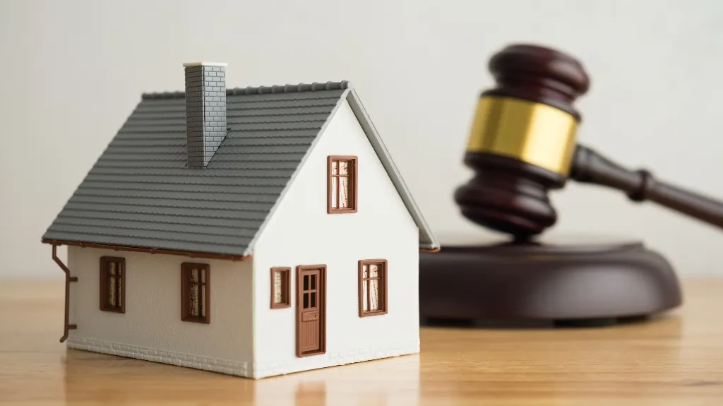 Small white model house with gray roof and brown windows beside a wooden judge's gavel.